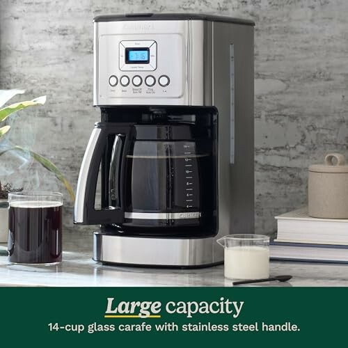 Coffee maker with large capacity and glass carafe.