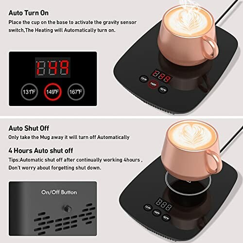 Coffee mug warmer with auto shut off and temperature settings.