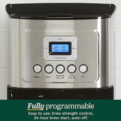 Cuisinart coffee maker control panel with display and buttons.