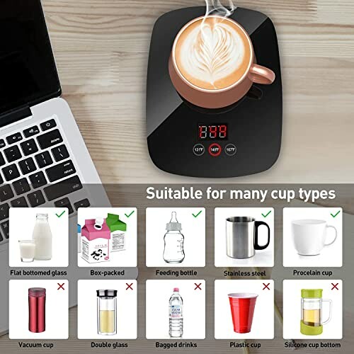 Mug warmer with various cup compatibility options displayed, including glass, feeding bottle, and stainless steel.