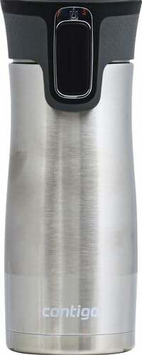 Stainless steel travel mug with black lid.