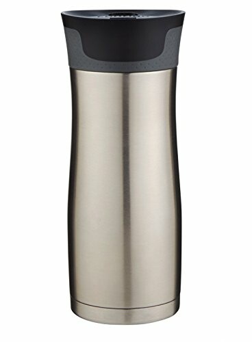 Stainless steel travel mug with black lid, showing the removable lid mechanism.